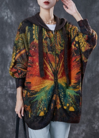 Plus Size Choklad Huva Tie Dye Stickad Jacka Vinter