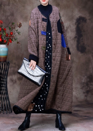 Plus Size Choklad O-neck Patchwork Applikation Fin Bomullsfylld Witner Coat Långärmad