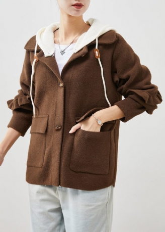 Plus Size Choklad Ruffled Patchwork Woolen Coat Spring