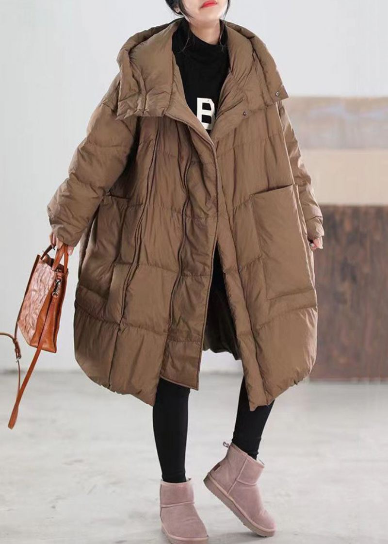 Plus Size Coffee Hooded Dragkedja Fickor Duck Down Coat Långärmad - Dunjackor för kvinnor