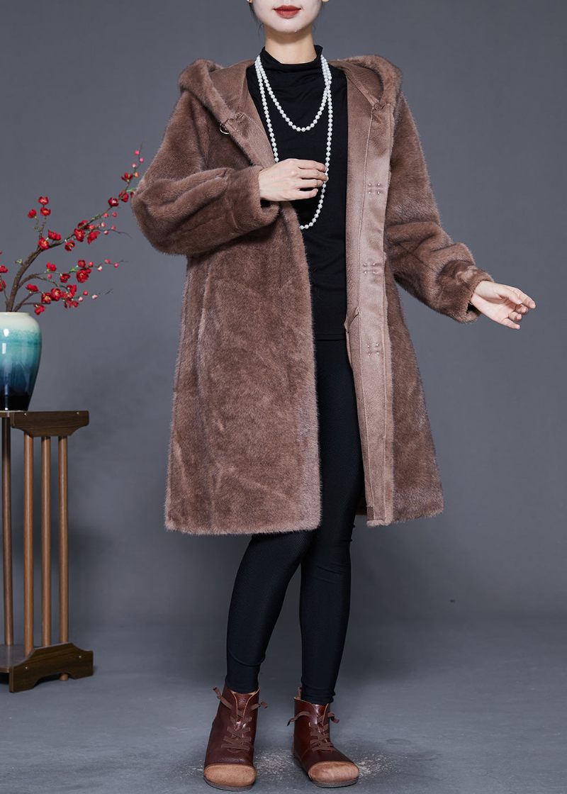 Plus Size Coffee Hooded Warm Mink Velvet Coat Outwear Winter - Vinterkappor för kvinnor