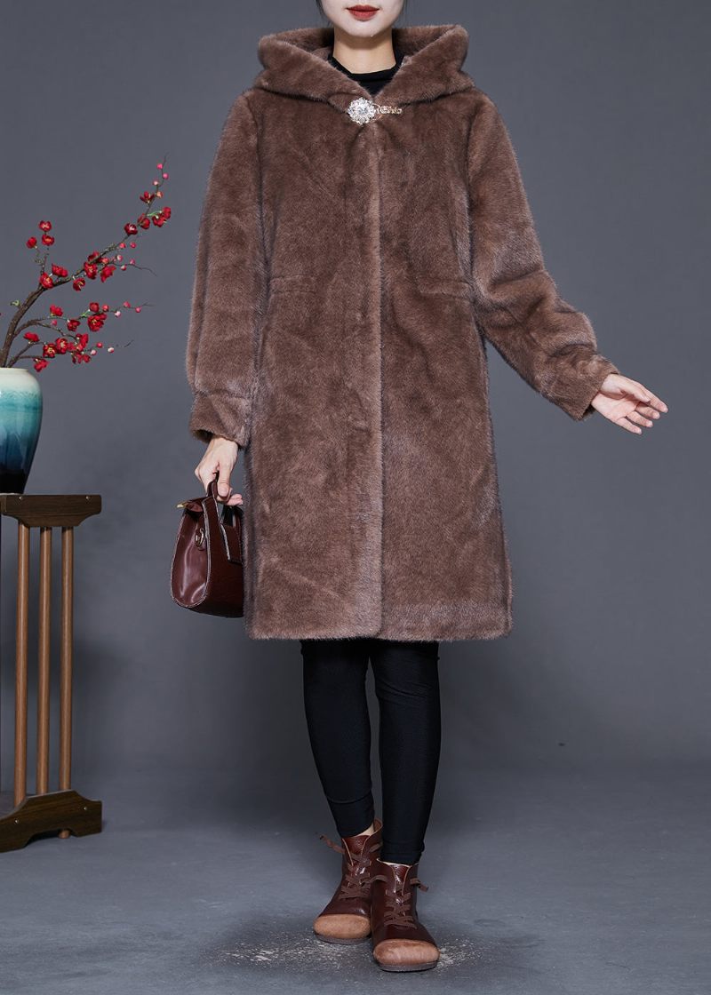 Plus Size Coffee Hooded Warm Mink Velvet Coat Outwear Winter - Vinterkappor för kvinnor