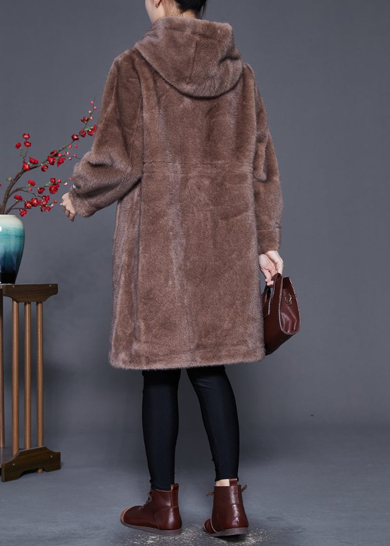 Plus Size Coffee Hooded Warm Mink Velvet Coat Outwear Winter - Vinterkappor för kvinnor