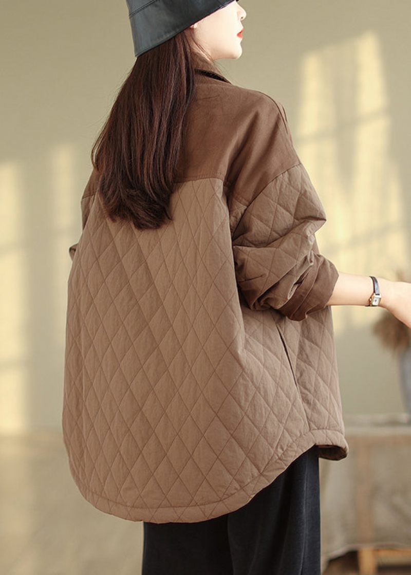 Plus Size Coffee Oversized Patchwork Fin Bomullsfylld Jacka Vinter - Dunjackor för kvinnor