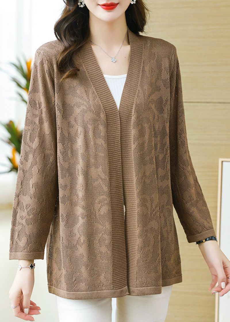 Plus Size Coffee Patchwork Solid Tunn Stickad Cardigan Långärmad