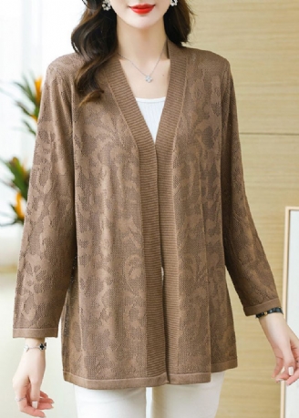 Plus Size Coffee Patchwork Solid Tunn Stickad Cardigan Långärmad