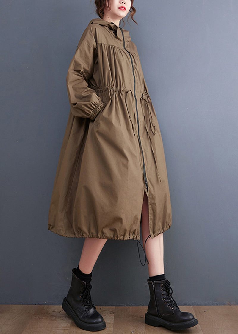 Plus Size Coffee Zip Up Dragsko Rynkad Bomull Hoodie Coat Spring - Trenchcoats för kvinnor