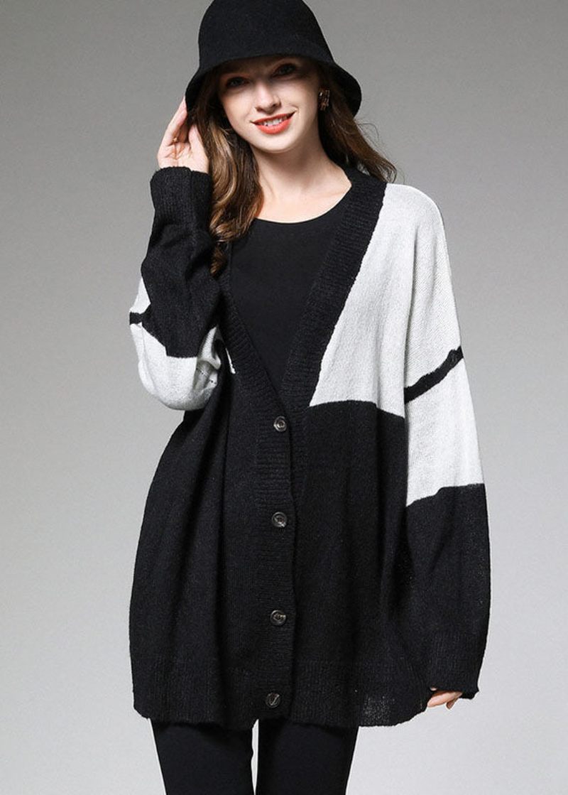 Plus Size Colorblock Button V-hals Stickad Fall Loose Korta Cardigans