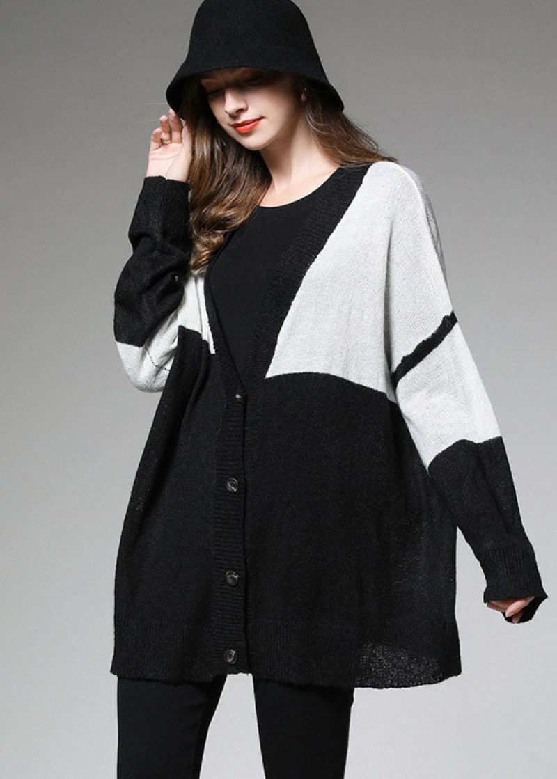 Plus Size Colorblock Button V-hals Stickad Fall Loose Korta Cardigans - Koftor för kvinnor