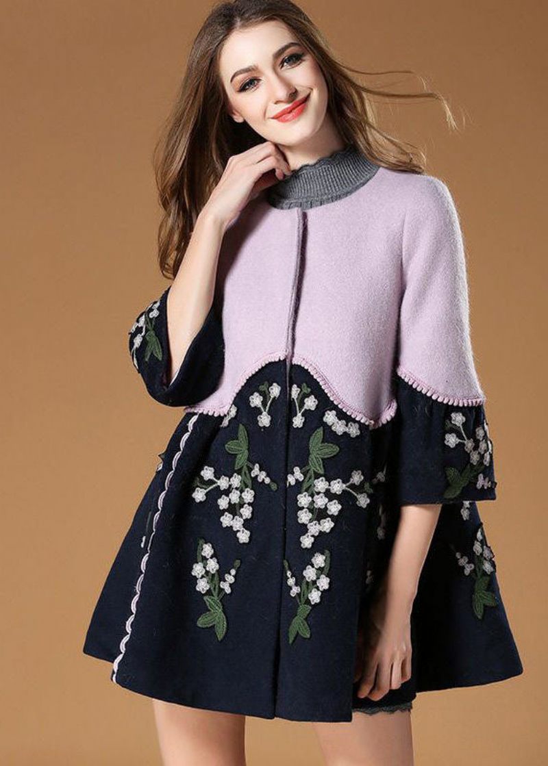 Plus Size Colorblock O-neck Broderad Patchwork Woolen Trench Spring