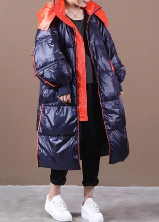 Plus Size Dam Parkas Överrock Mörkblå Luva Patchwork Gås Dunrock