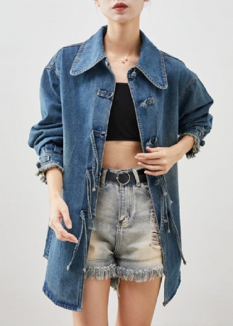 Plus Size Denim Blå Kinesisk Knapp Bomull Coat Ytterkläder Spring