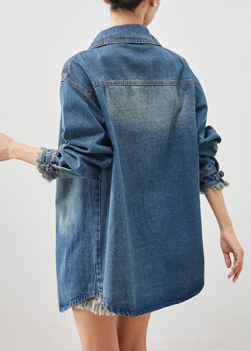 Plus Size Denim Blå Kinesisk Knapp Bomull Coat Ytterkläder Spring - Vinterkappor för kvinnor