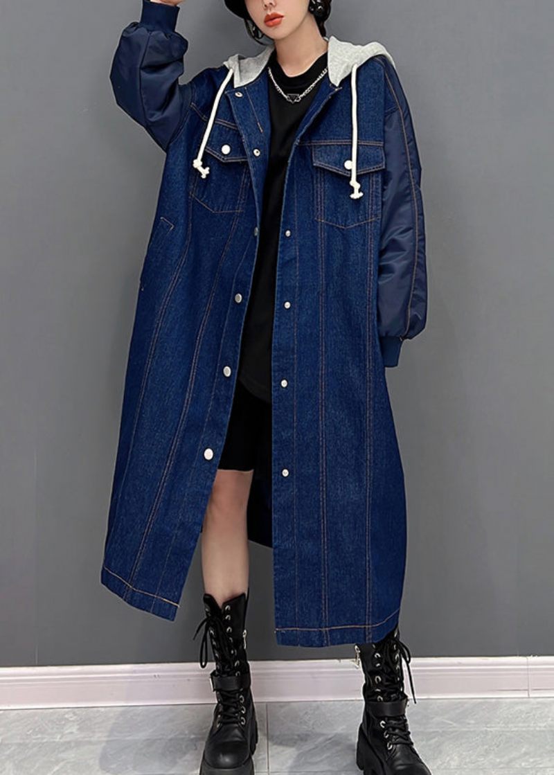 Plus Size Denim Blue Patchwork Button Hooded Coat Fall - Blå