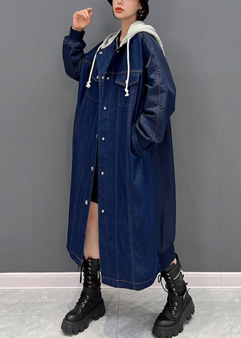 Plus Size Denim Blue Patchwork Button Hooded Coat Fall - Blå