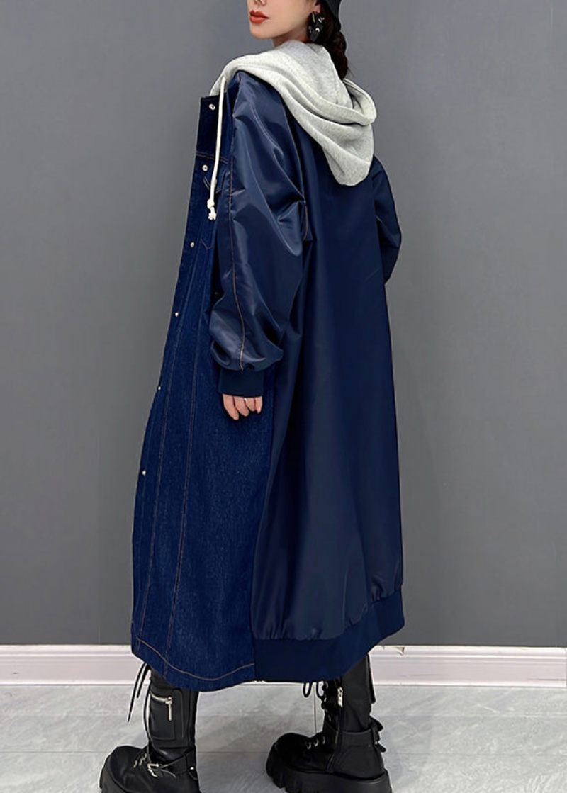 Plus Size Denim Blue Patchwork Button Hooded Coat Fall - Blå