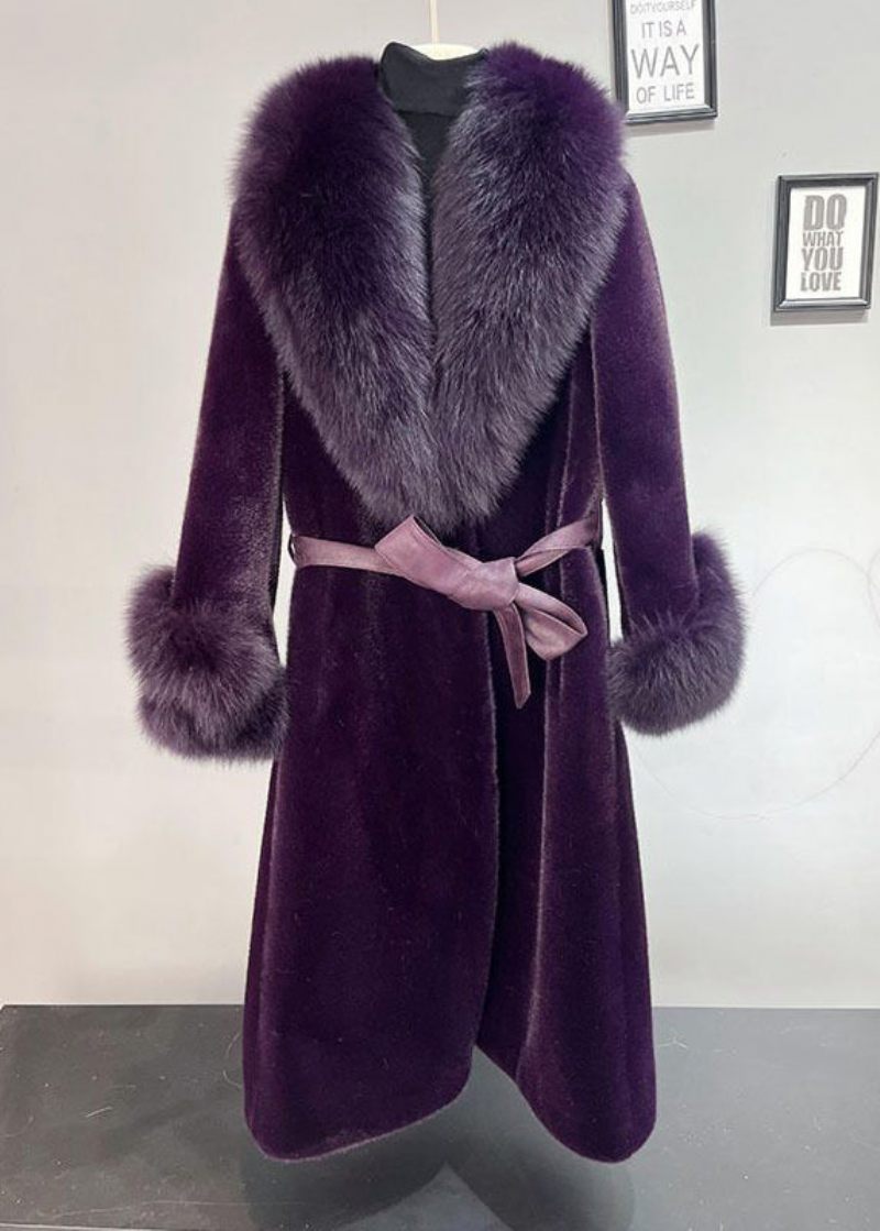 Plus Size Dull Purple Fox Krage Tie Midja Mink Velvet Trench Winter