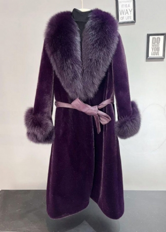 Plus Size Dull Purple Fox Krage Tie Midja Mink Velvet Trench Winter