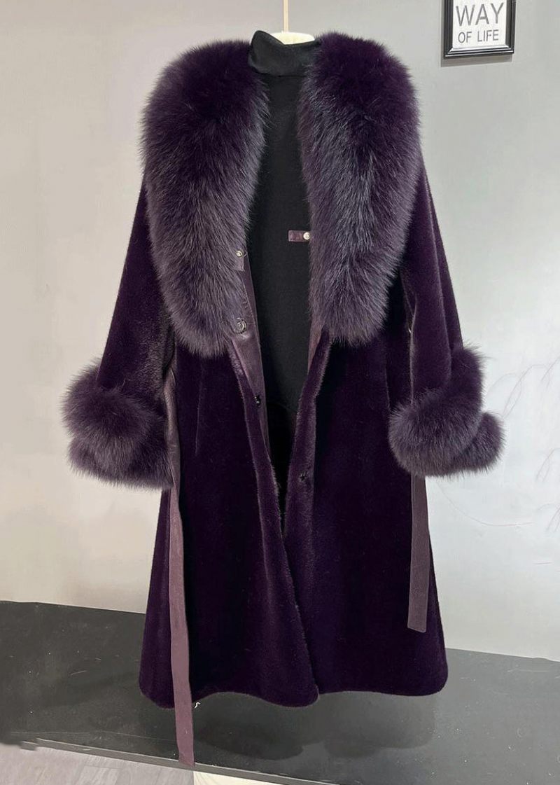 Plus Size Dull Purple Fox Krage Tie Midja Mink Velvet Trench Winter - Vinterkappor för kvinnor