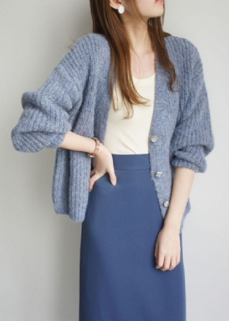 Plus Size Fine Blue Button Woolen Cardigan Winter