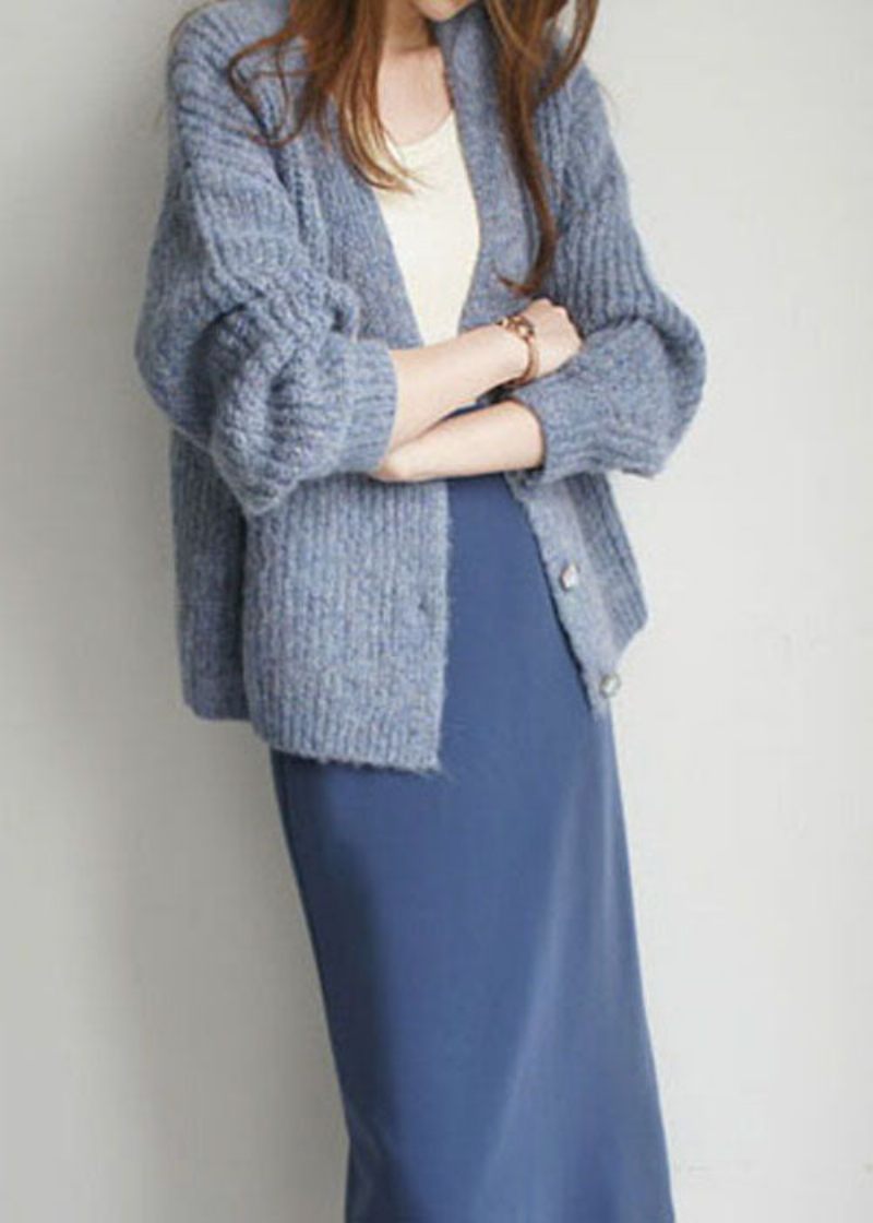 Plus Size Fine Blue Button Woolen Cardigan Winter - Koftor för kvinnor