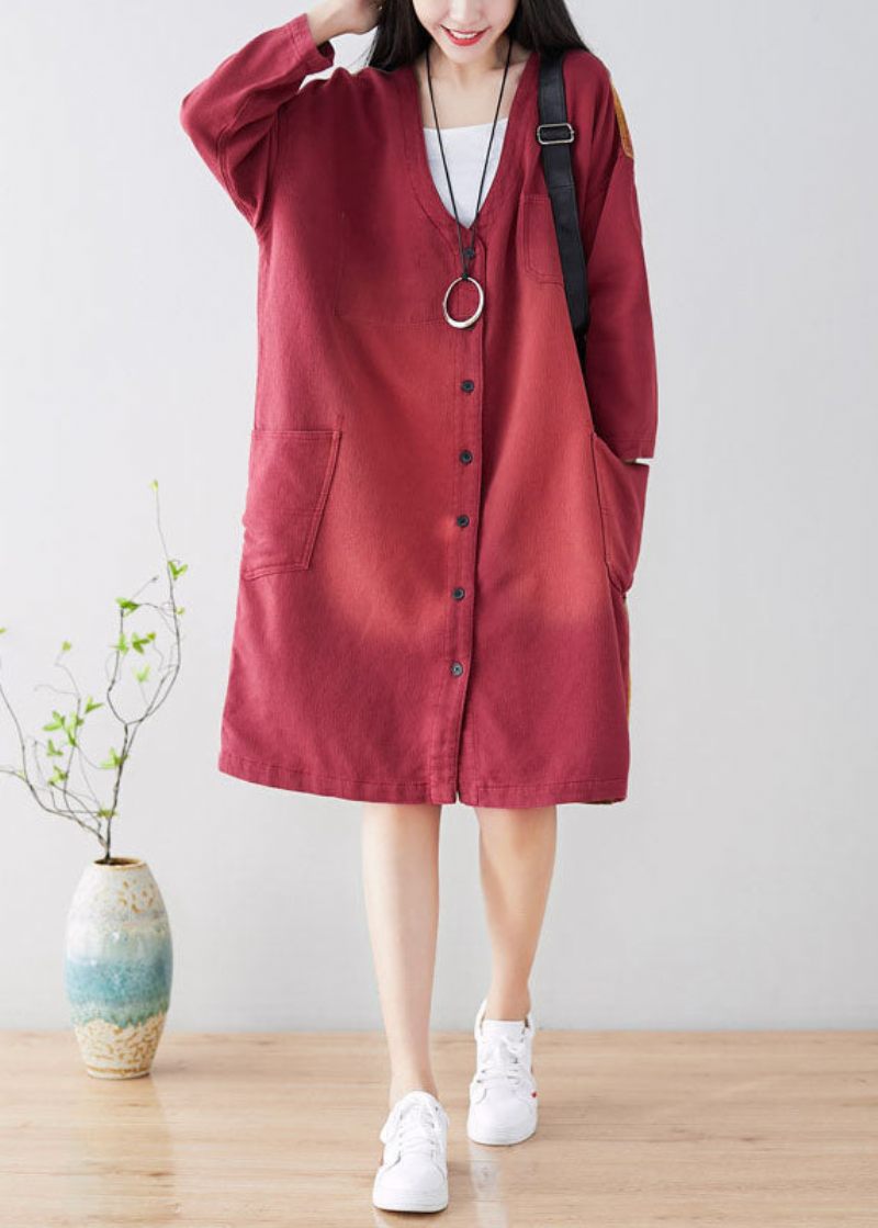 Plus Size Franska Röda Fickor Casual Coat Spring