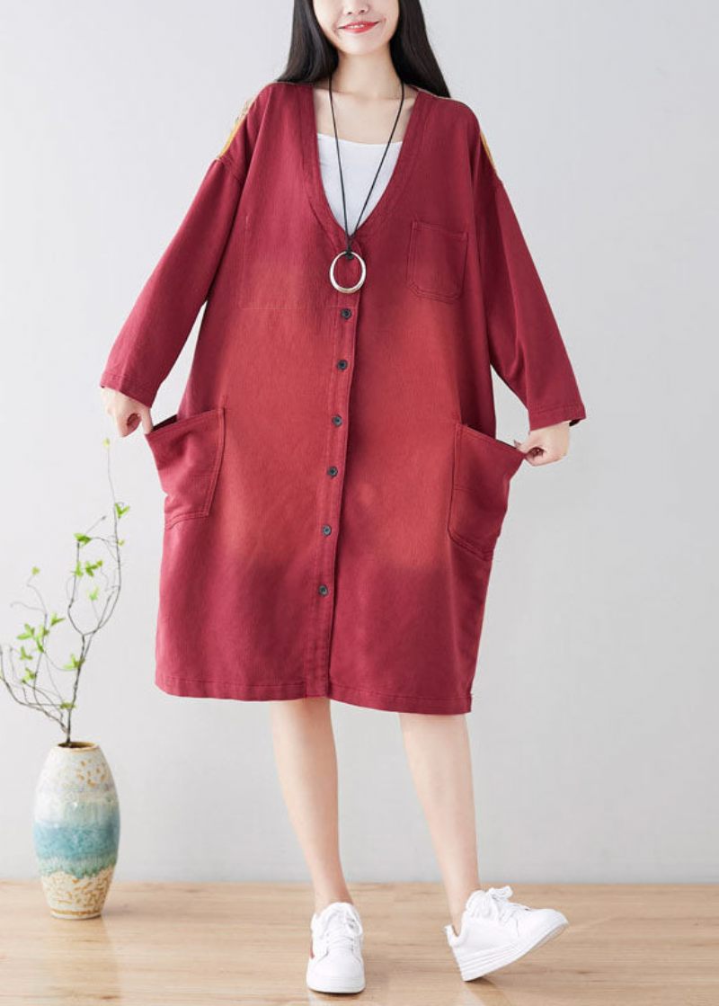 Plus Size Franska Röda Fickor Casual Coat Spring - Blå