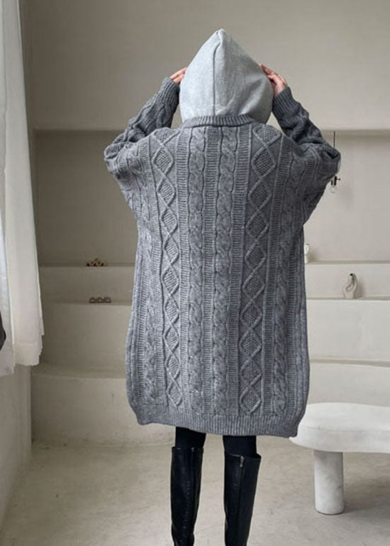 Plus Size Grå Hooded Patchwork Stickade Tröjor Vinterkappa - Koftor för kvinnor