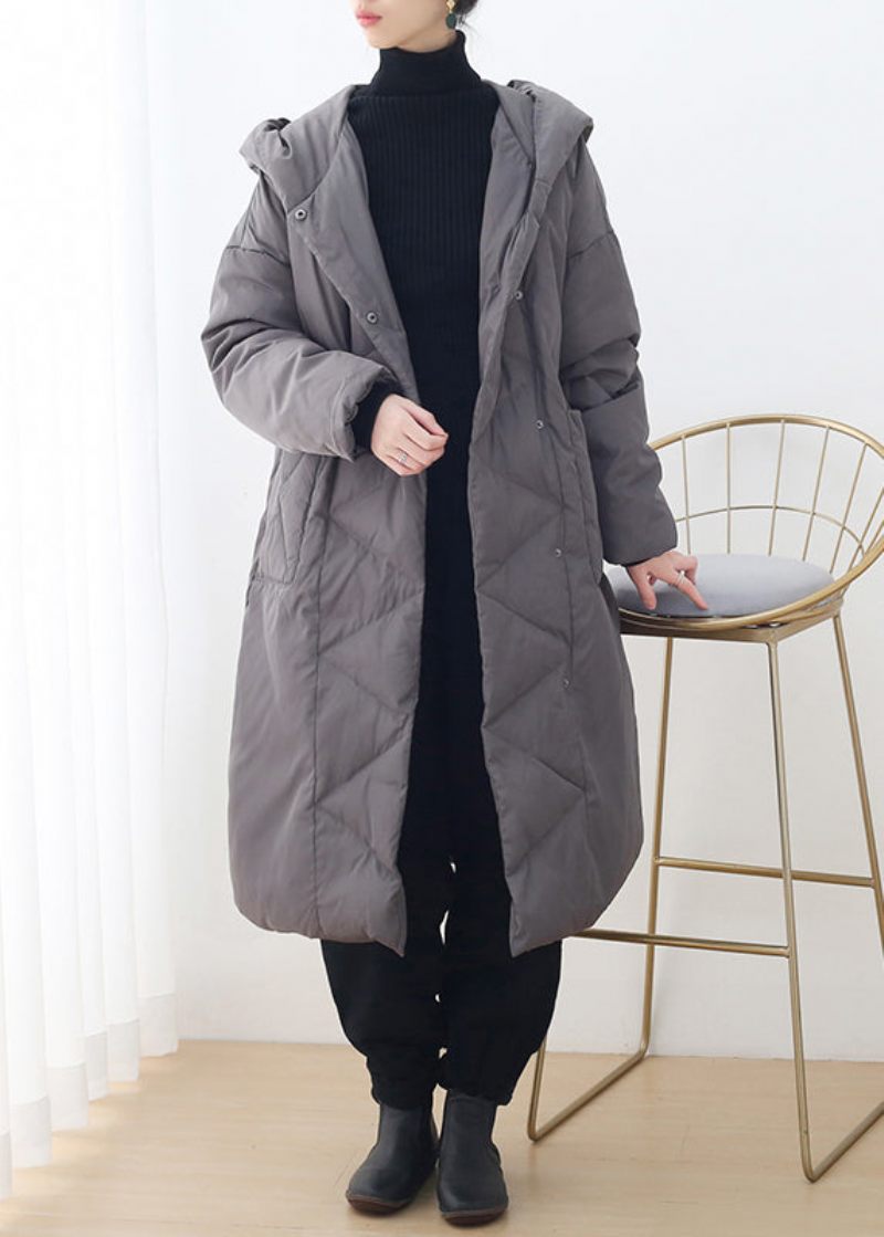 Plus Size Grå Knappfickor Hooded Down Coat Långärmad