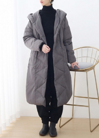 Plus Size Grå Knappfickor Hooded Down Coat Långärmad