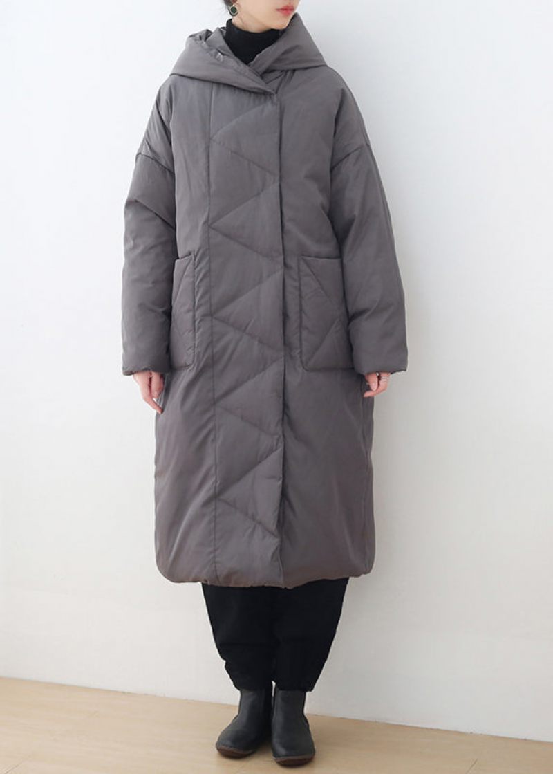 Plus Size Grå Knappfickor Hooded Down Coat Långärmad - Dunjackor för kvinnor