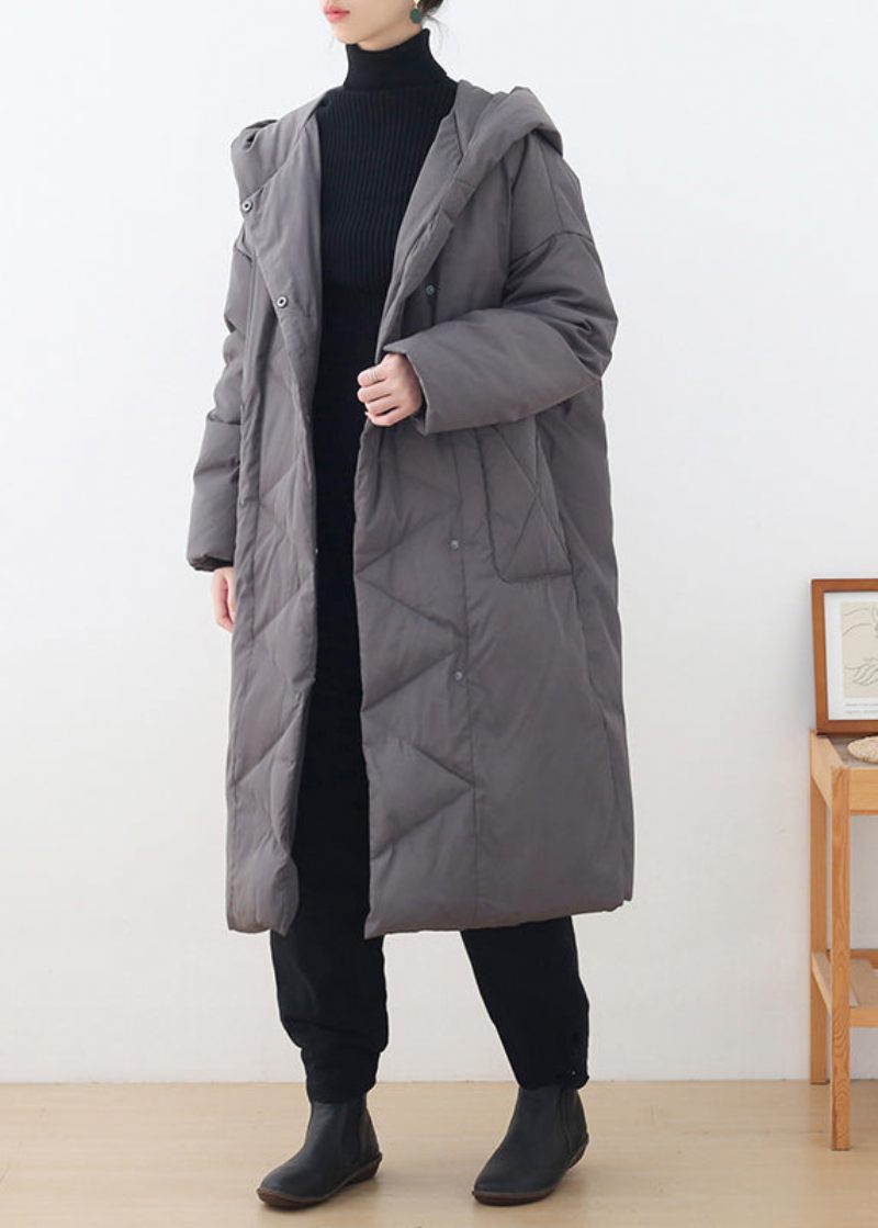 Plus Size Grå Knappfickor Hooded Down Coat Långärmad - Dunjackor för kvinnor