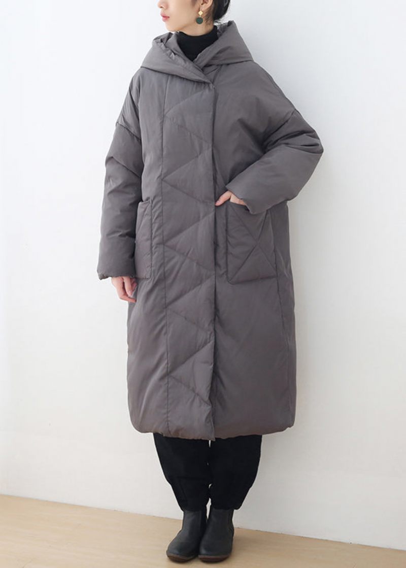 Plus Size Grå Knappfickor Hooded Down Coat Långärmad - Dunjackor för kvinnor