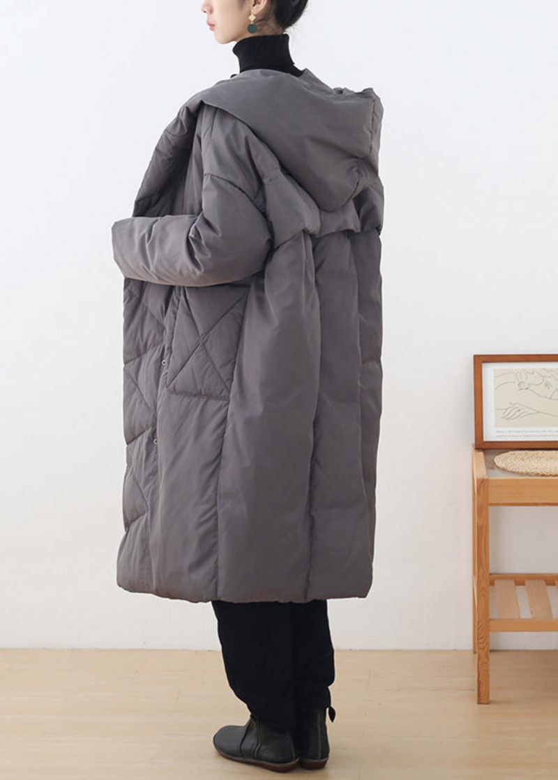 Plus Size Grå Knappfickor Hooded Down Coat Långärmad - Dunjackor för kvinnor