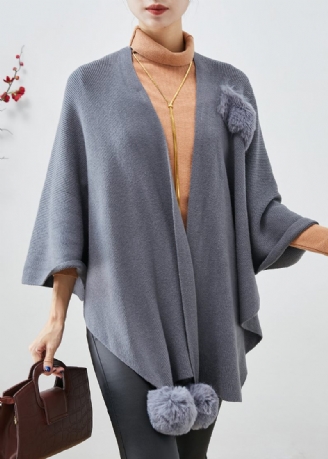 Plus Size Grå Oversized Fuzzy Ball Dekorerad Stickad Cardigan Fall