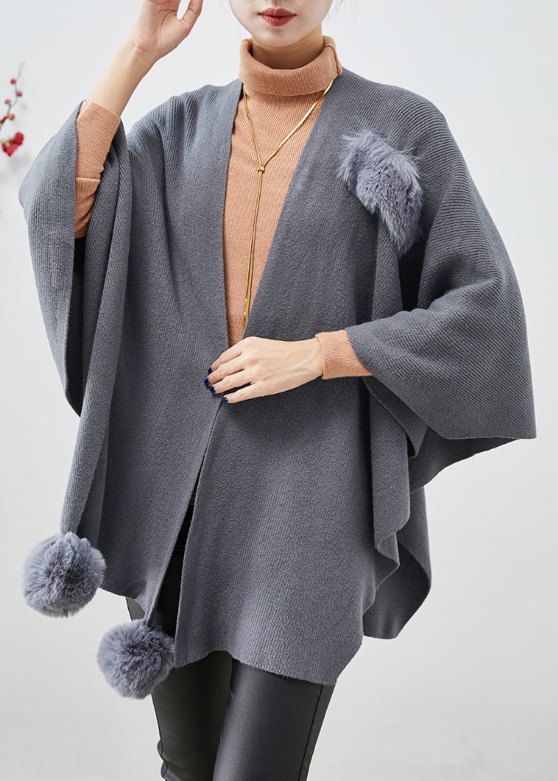 Plus Size Grå Oversized Fuzzy Ball Dekorerad Stickad Cardigan Fall - Koftor för kvinnor