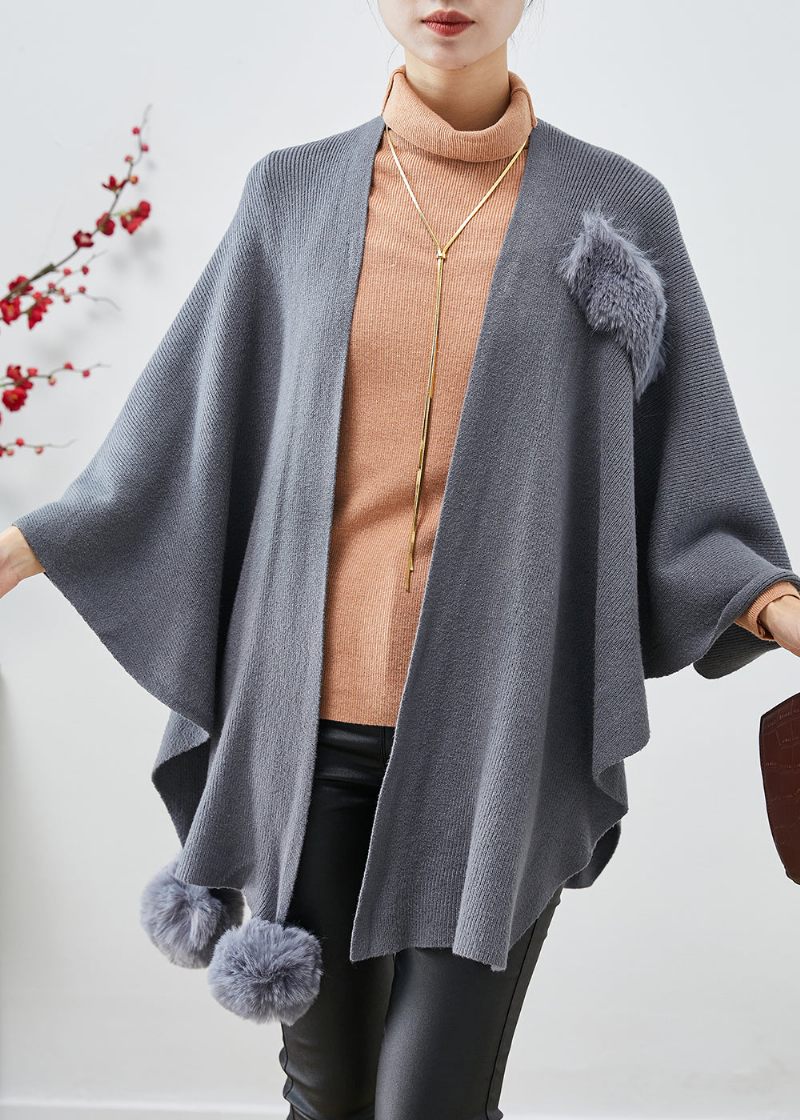 Plus Size Grå Oversized Fuzzy Ball Dekorerad Stickad Cardigan Fall - Koftor för kvinnor