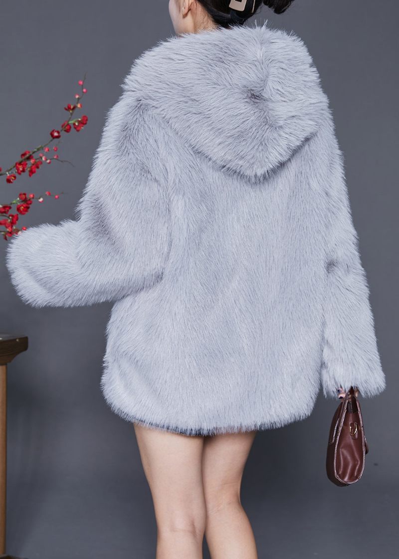 Plus Size Grå Oversized Warm Fuzzy Fur Fluffy Hood Jacket Winter - Vinterkappor för kvinnor