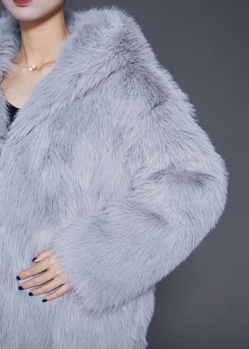 Plus Size Grå Oversized Warm Fuzzy Fur Fluffy Hood Jacket Winter - Vinterkappor för kvinnor