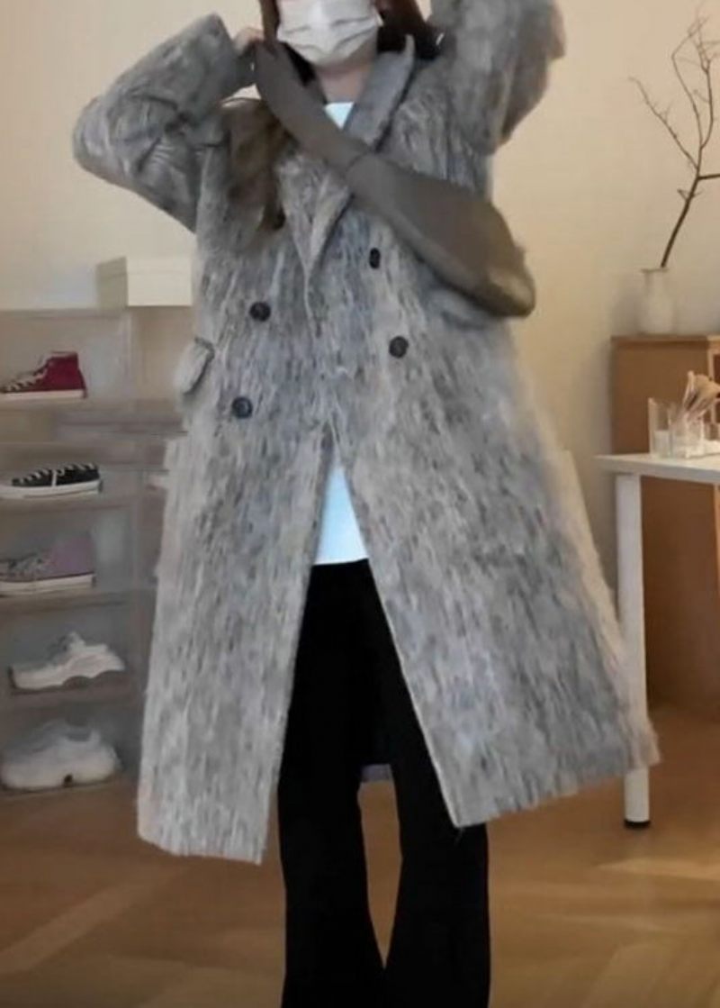 Plus Size Grå Peter Pan Krage Fickor Patchwork Ma Hai Mao Coat Vinter - Vinterkappor för kvinnor