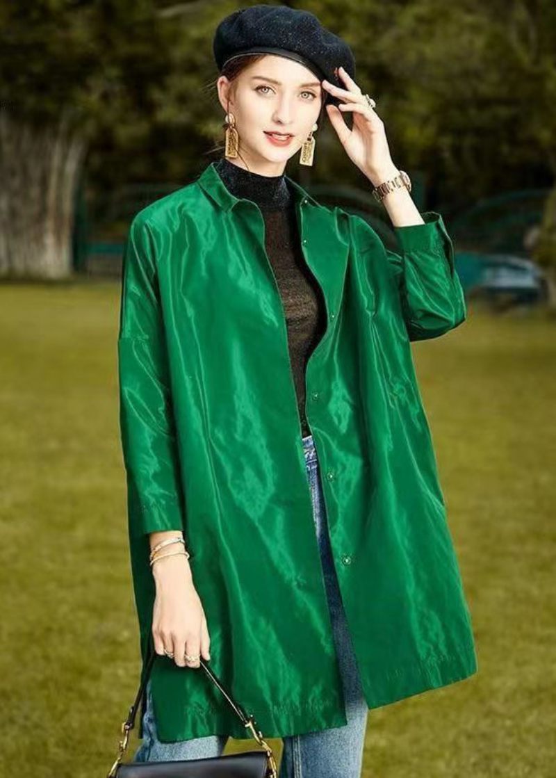 Plus Size Green Peter Pan Krage Slitage På Båda Sidor Patchwork Silk Coat Fall