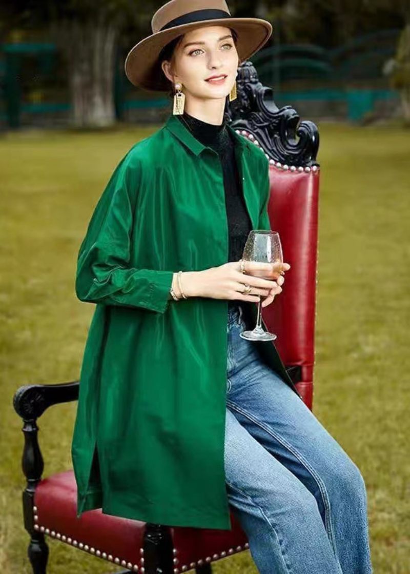 Plus Size Green Peter Pan Krage Slitage På Båda Sidor Patchwork Silk Coat Fall - Vinterkappor för kvinnor