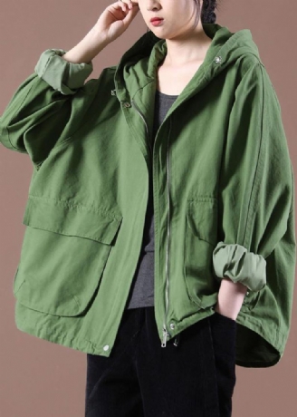 Plus Size Green Pockets Hoodie Coat Spring