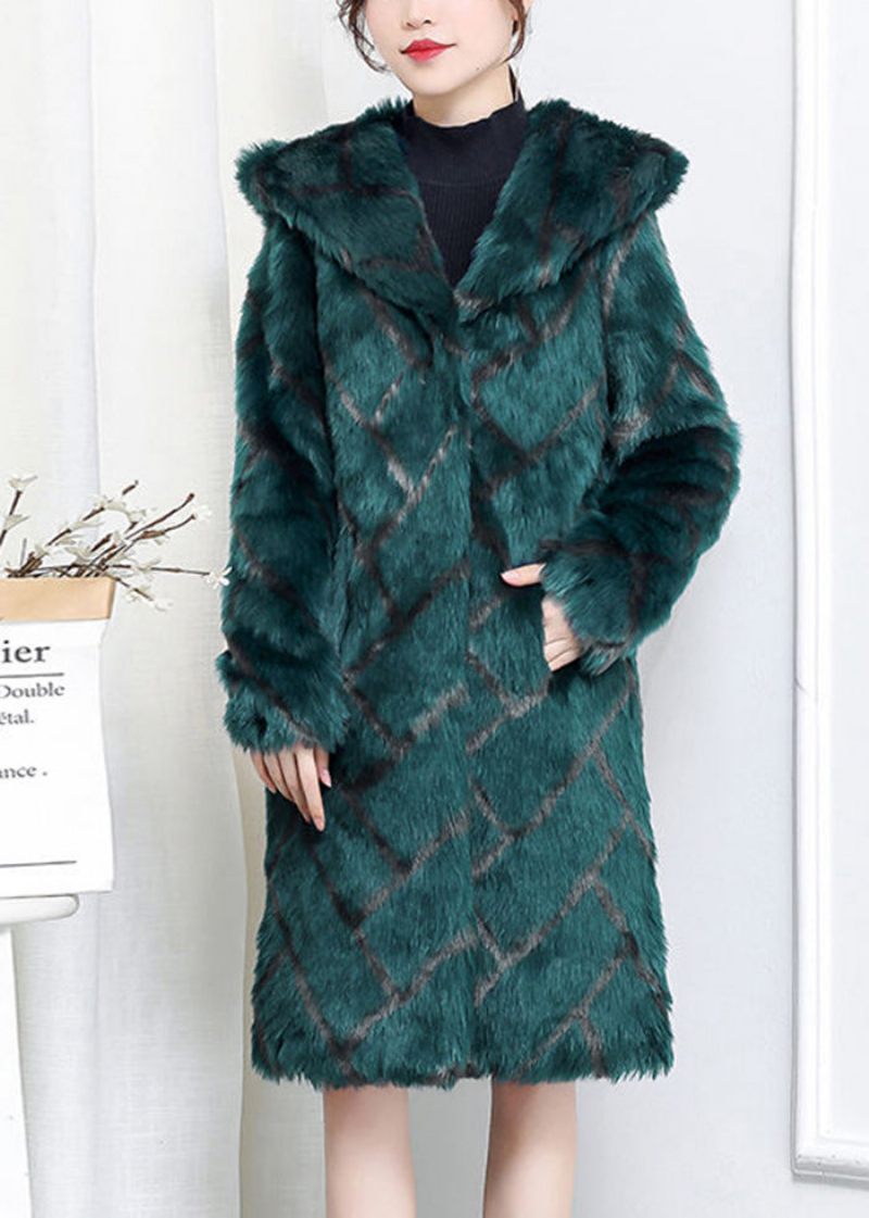 Plus Size Grön Hooded Pläd Faux Fur Coats Vinter