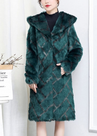 Plus Size Grön Hooded Pläd Faux Fur Coats Vinter