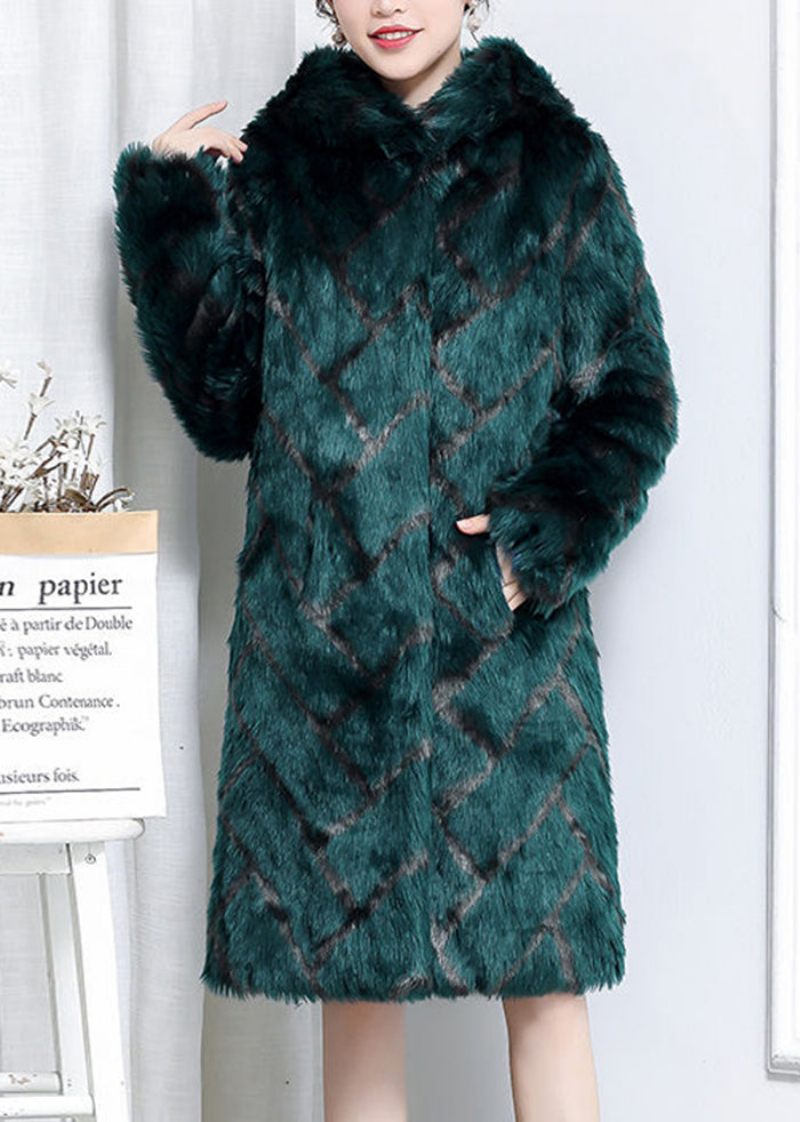 Plus Size Grön Hooded Pläd Faux Fur Coats Vinter - Vinterkappor för kvinnor