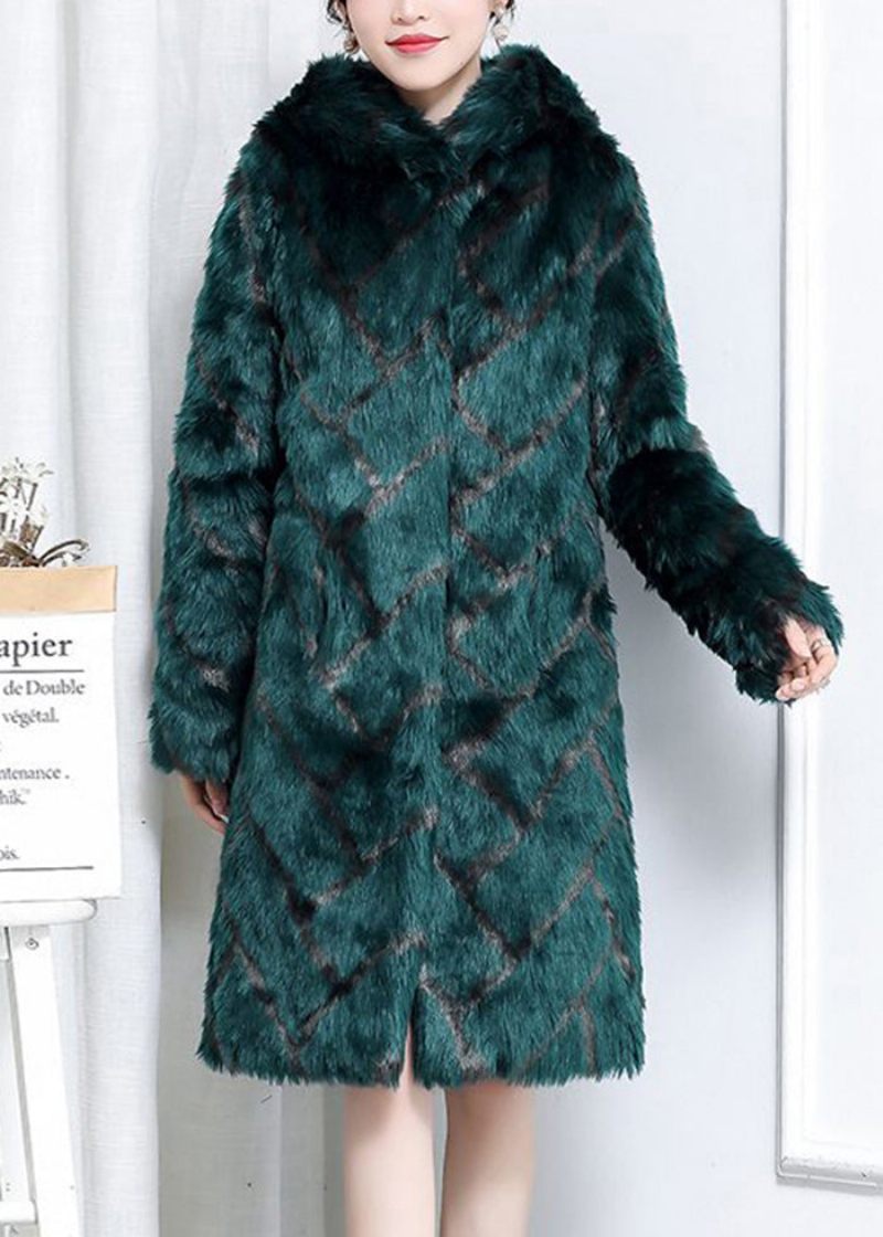 Plus Size Grön Hooded Pläd Faux Fur Coats Vinter - Vinterkappor för kvinnor