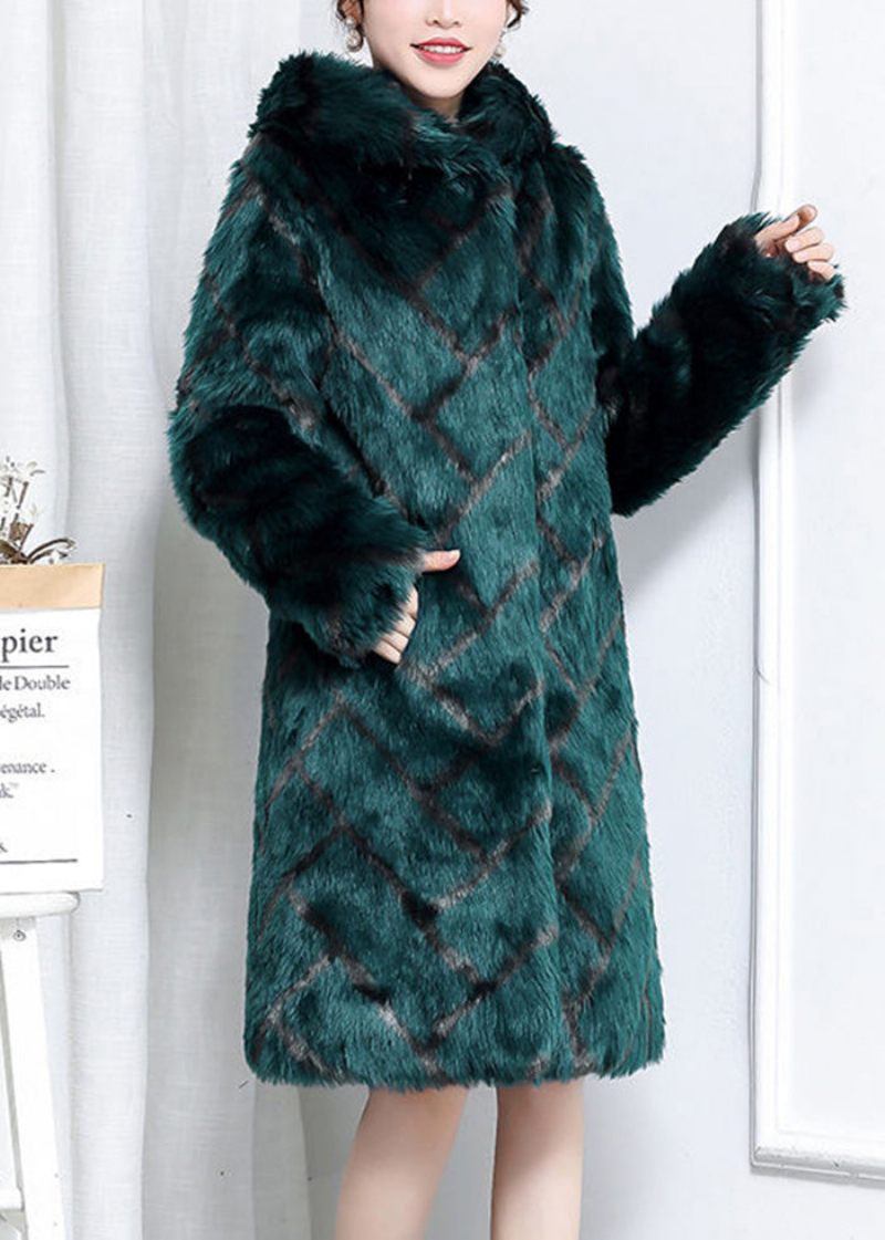 Plus Size Grön Hooded Pläd Faux Fur Coats Vinter - Vinterkappor för kvinnor