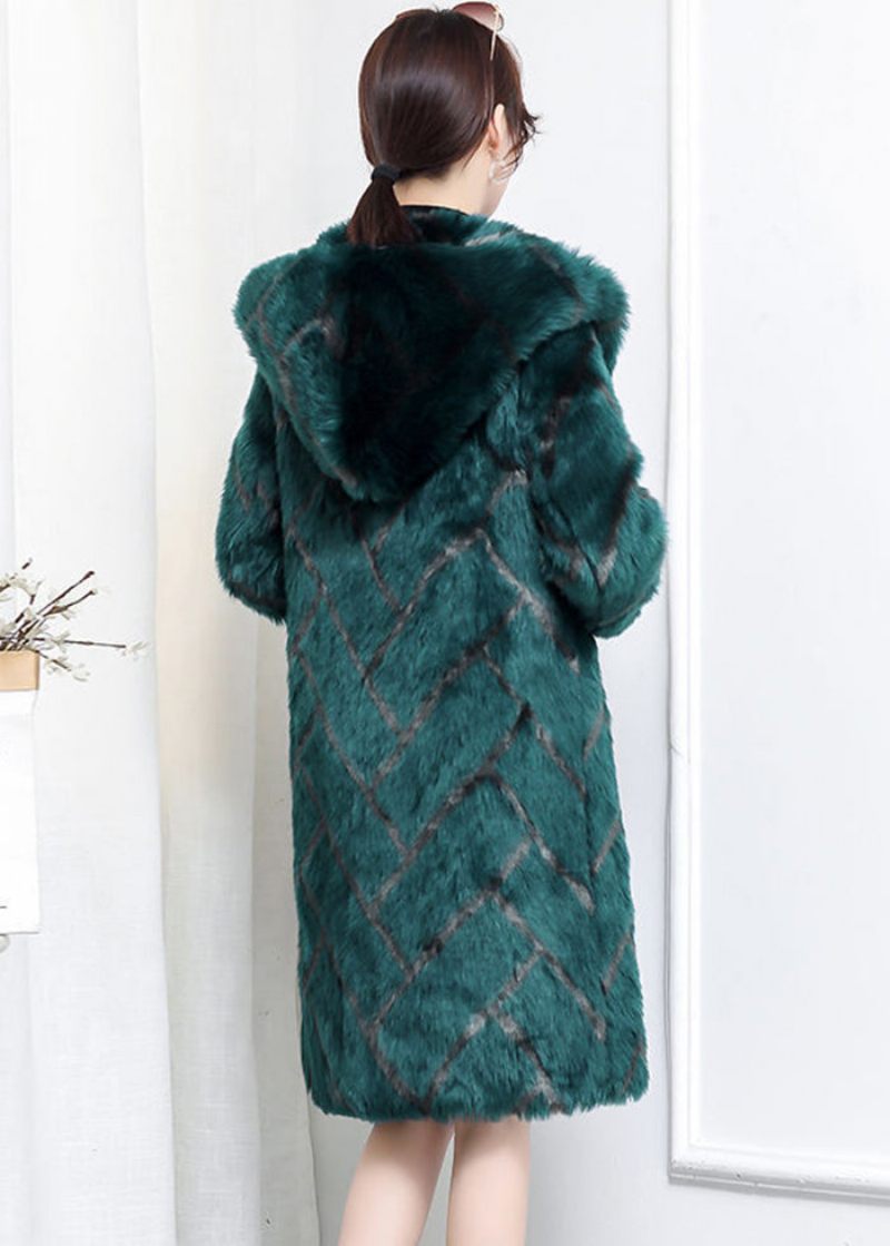 Plus Size Grön Hooded Pläd Faux Fur Coats Vinter - Vinterkappor för kvinnor