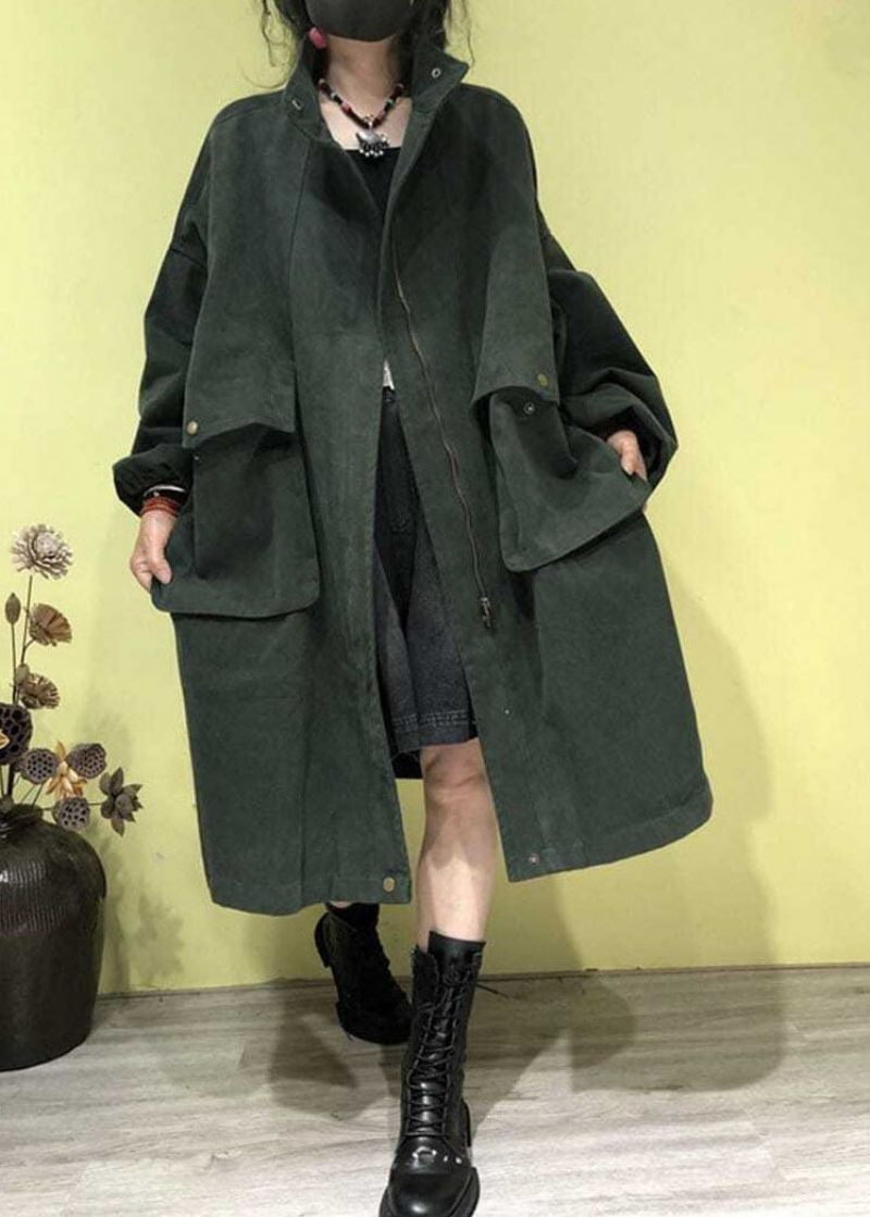 Plus Size Grön Stativ Krage Fickor Med Dragkedja Trenchcoats Höst - Grön